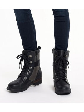 Sorel Major Carly Black Leather Canvas Moto Combat Boots Womens Size 6.5